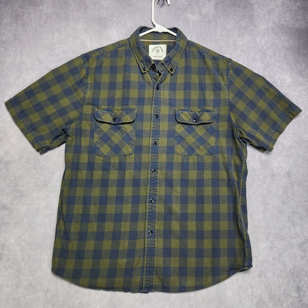 Customized Version Dubinik‎ Mens Green Blue Plaid Flannel Short Sleeve Shirt L